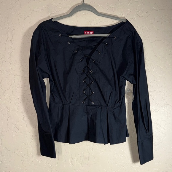 STAUD black Monroe peplum top in cotton poplin with a lace-up front size 8 - Picture 2 of 9